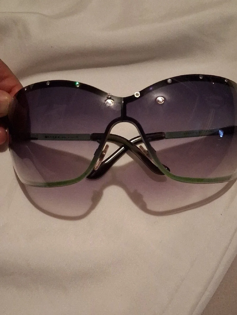 Vogue Oversized Shield Sunglasses with Green Trim and Crystal Studs